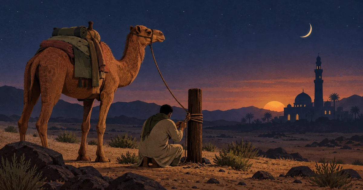 A man tying his camel outside a mosque at dusk