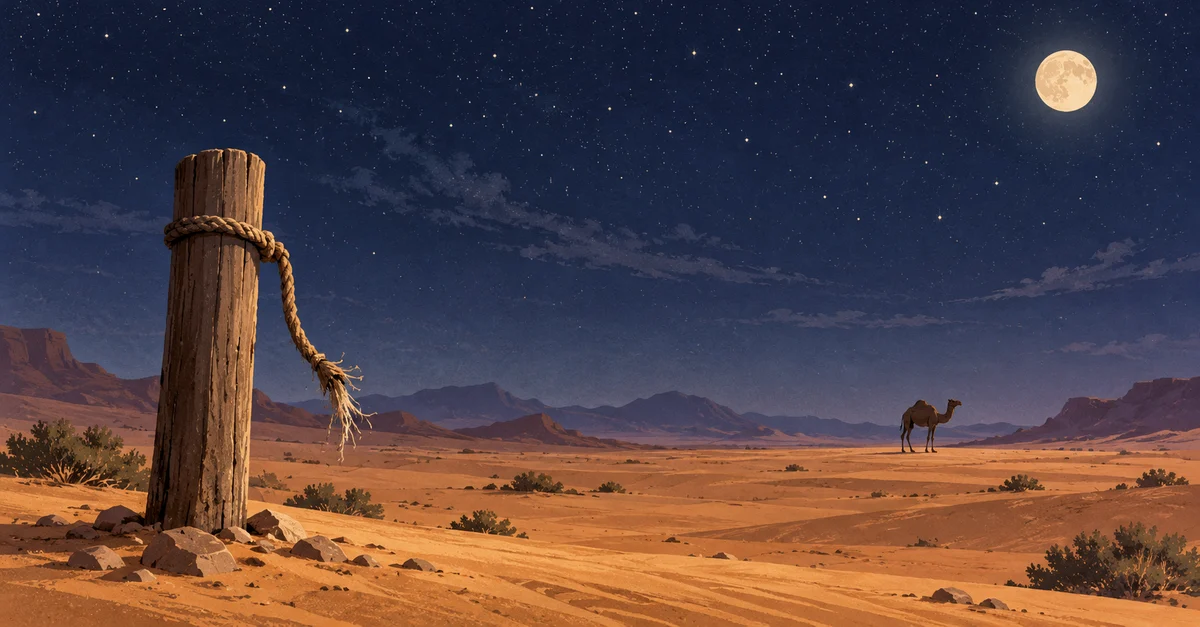 An empty post with a frayed rope, the camel standing free