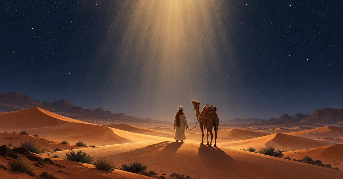 A man and his camel under light from above