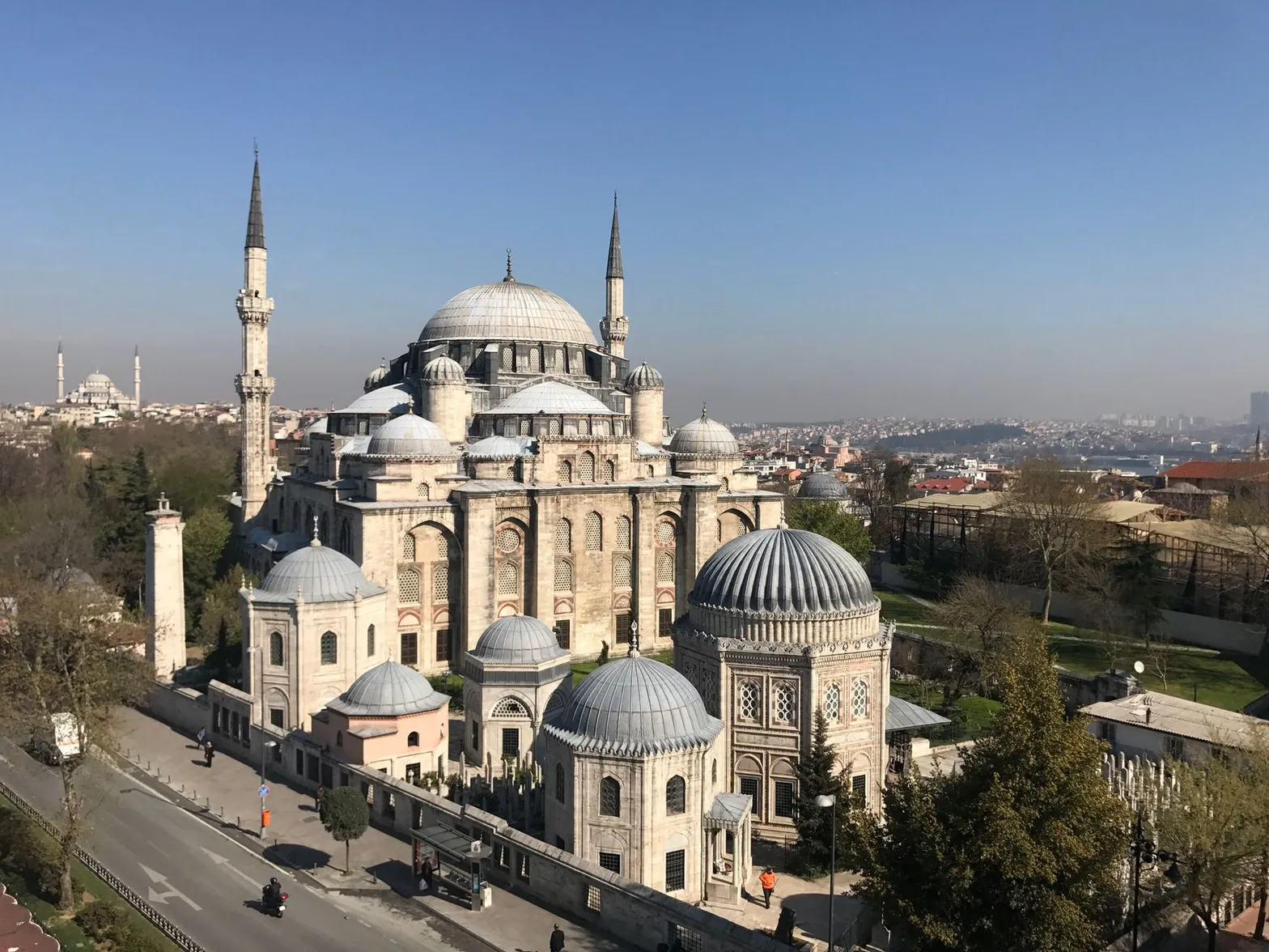 A stunning aerial view of Sehzade Mosque, showcasing its intricate Islamic architecture in Istanbul, Turkey.