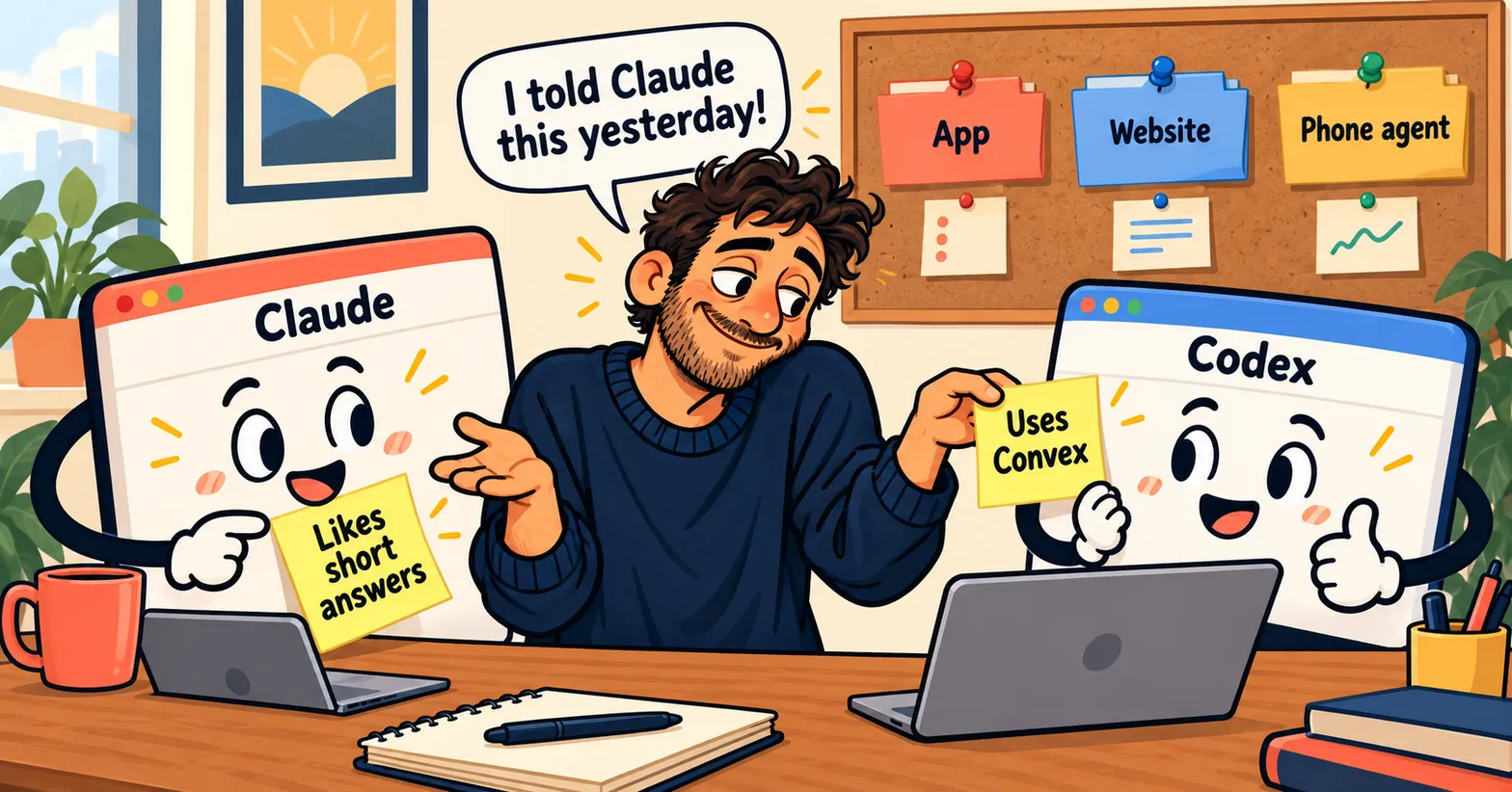 A man between two app windows labelled Claude and Codex. Claude holds a note saying Likes short answers, Codex holds one saying Uses Convex, and the man says I told Claude this yesterday.