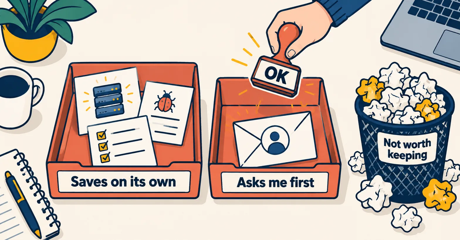 Two in-trays: Saves on its own holds work notes, Asks me first holds a personal envelope under an OK stamp, and a bin labelled Not worth keeping overflows.