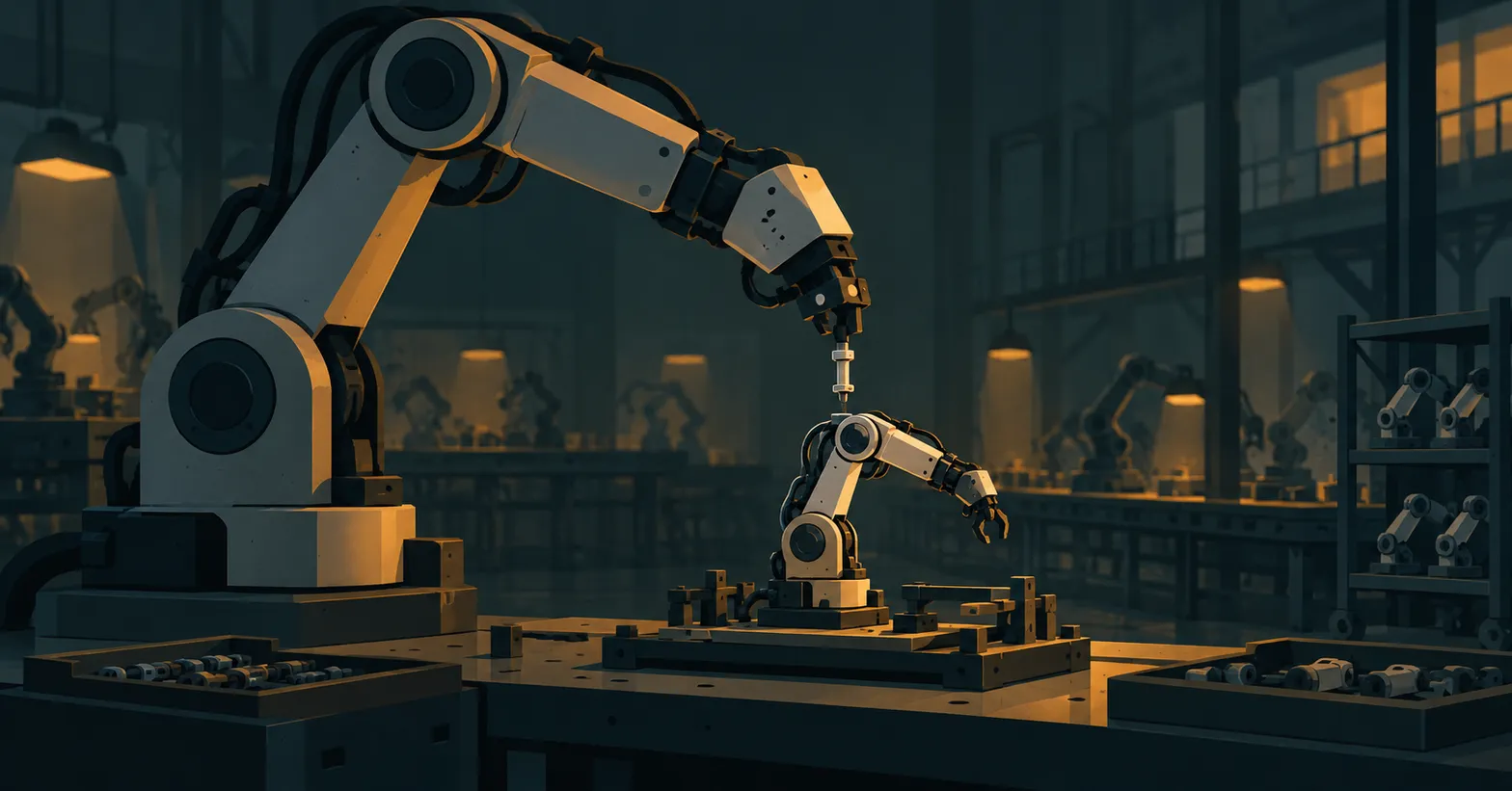 A robotic arm assembling a copy of itself in a quiet dim factory, flat editorial illustration, muted teal and warm amber