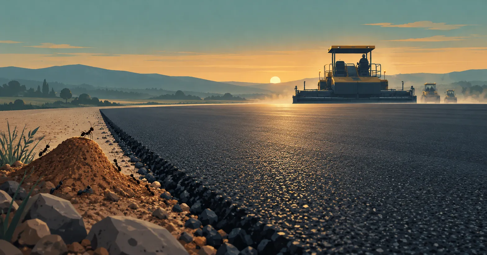A small anthill at the edge of a vast new road, with a huge paving machine far away that doesn